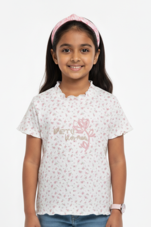Branded Pink Flower Embroidery Grils T-Shirt