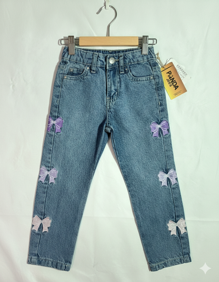 Girls Stylish Bow Embroidery Denim - Image 2