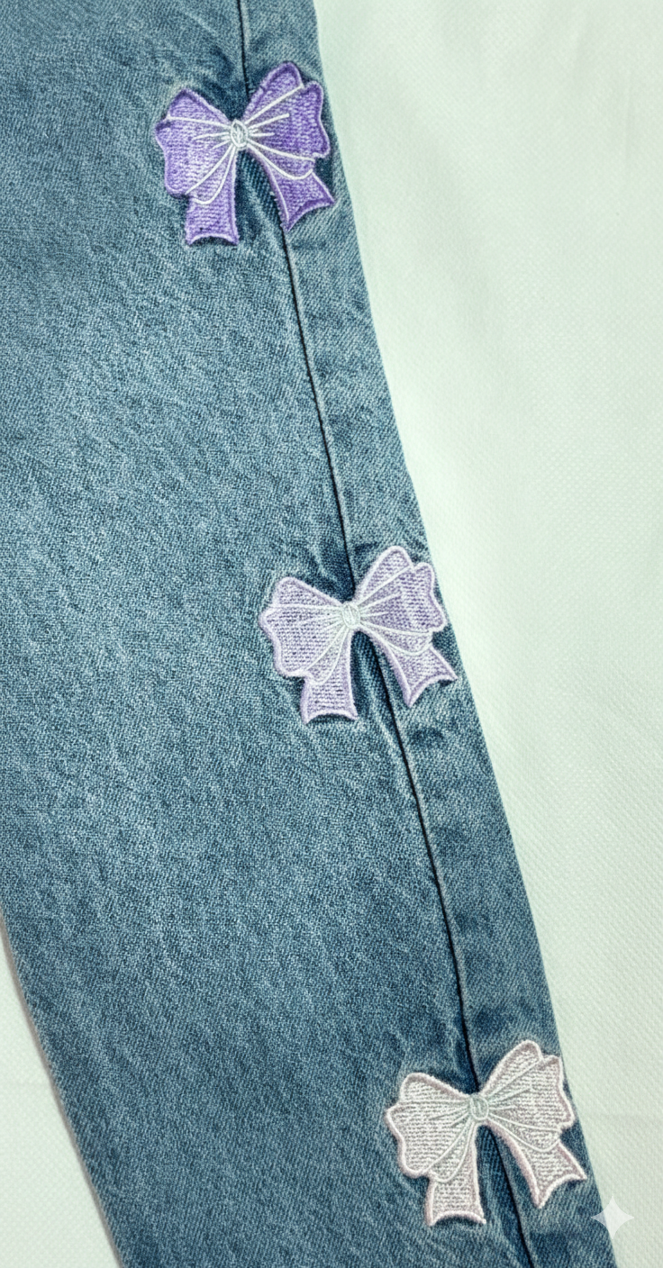Girls Stylish Bow Embroidery Denim - Image 3