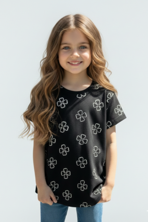 Branded Stylish Black T-Shirt "Glitter flower" Pattern