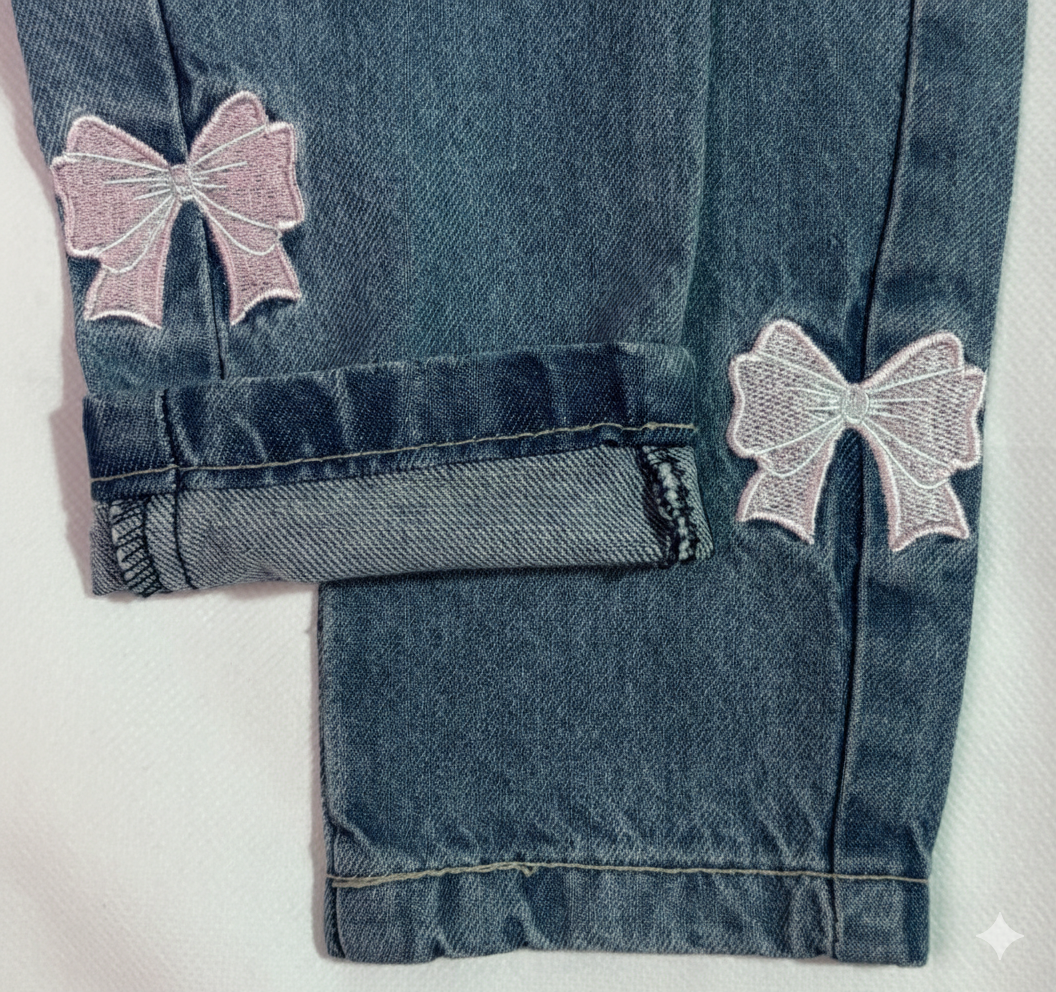 Girls Stylish Bow Embroidery Denim - Image 7