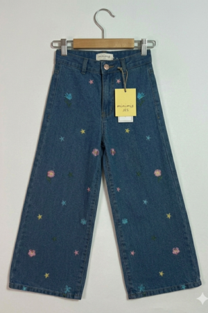 Girls Wide Legs Star Embroidery Denim