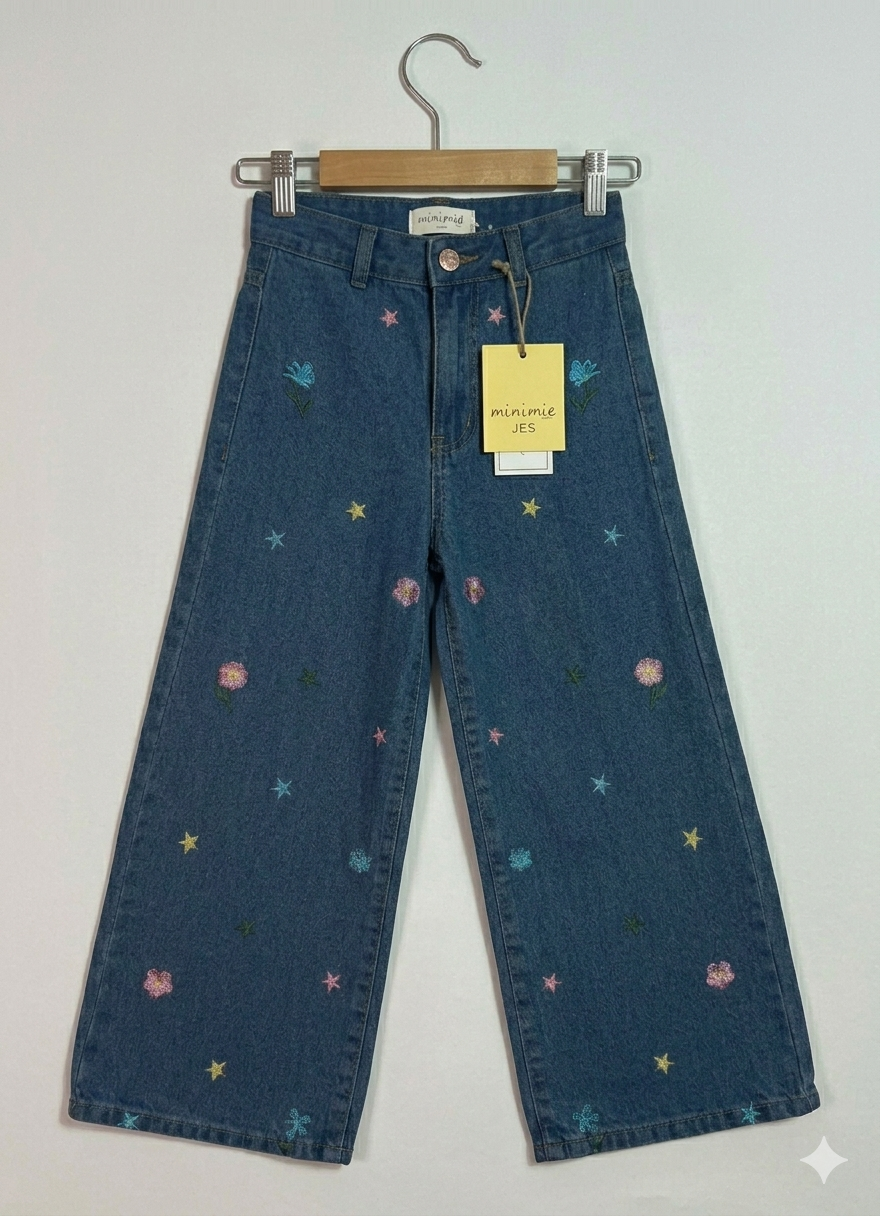 Girls Wide Legs Star Embroidery Denim - Image 2
