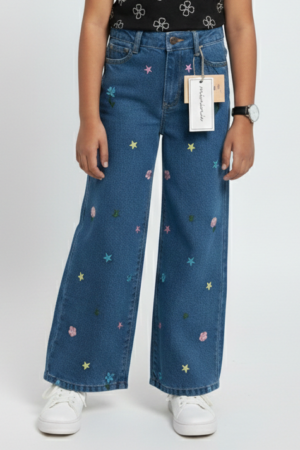 Girls Wide Legs Star Embroidery Denim