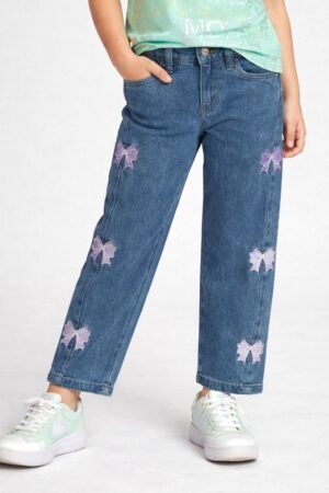 Girls Stylish Bow Embroidery Denim
